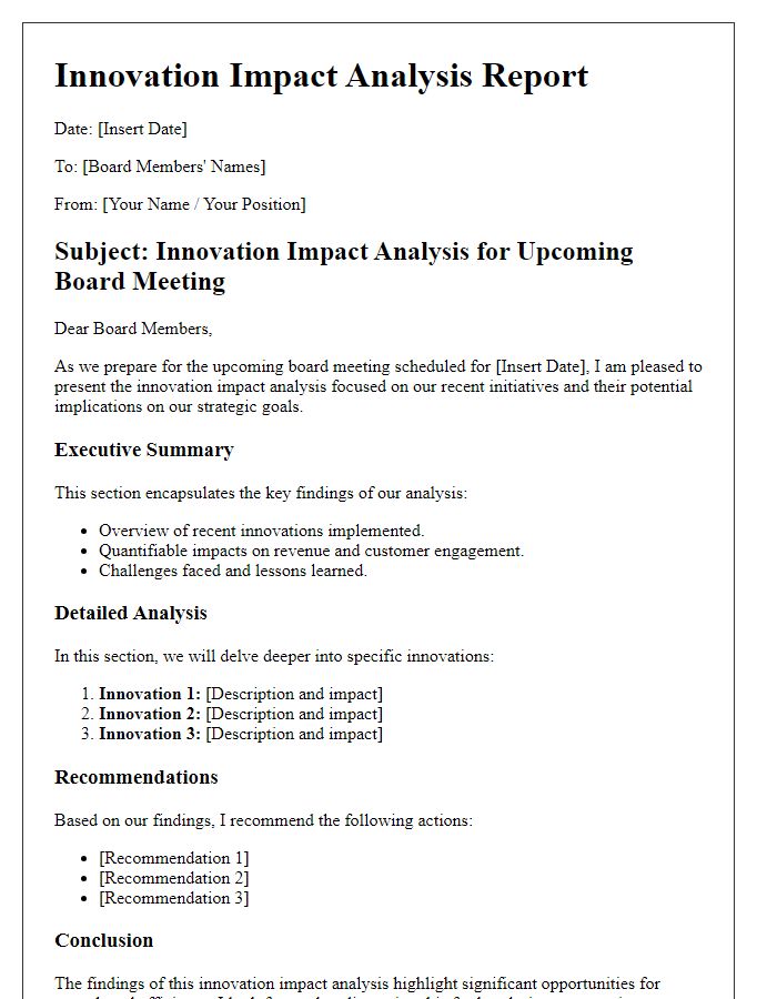 Letter template of innovation impact analysis for board meeting