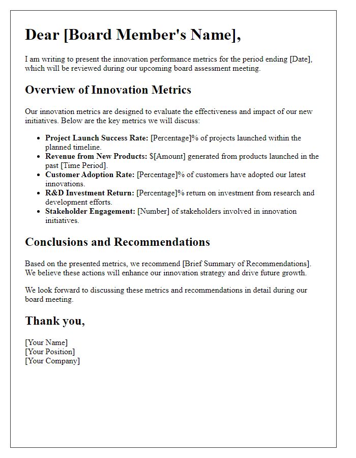 Letter template of innovation performance metrics for board assessment