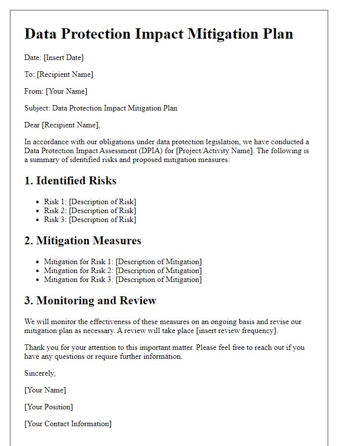 Letter template of Data Protection Impact Mitigation Plan