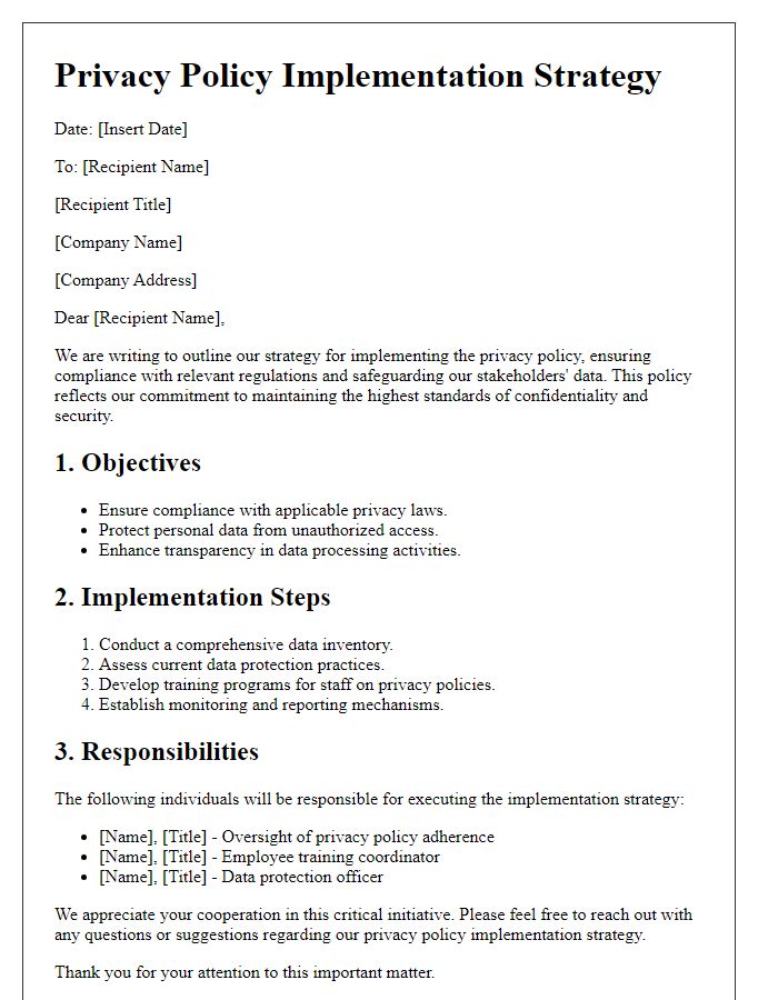 Letter template of Privacy Policy Implementation Strategy