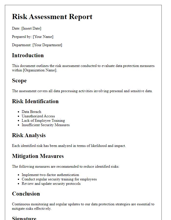 Letter template of Risk Assessment Report on Data Protection