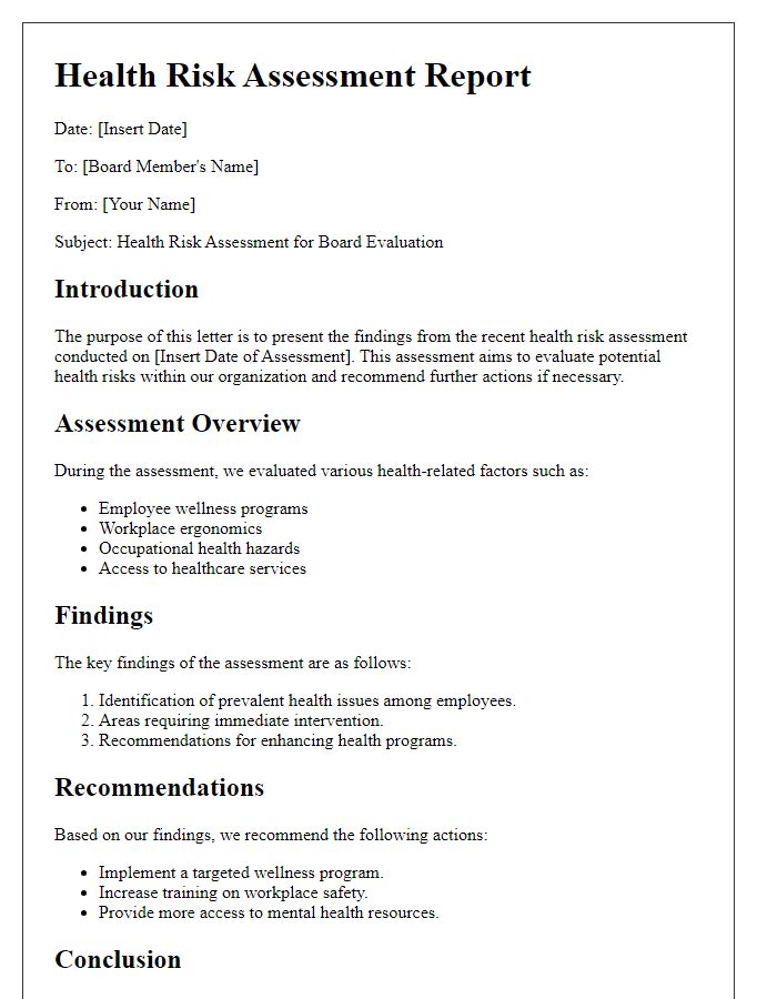 Letter template of health risk assessment for board evaluation