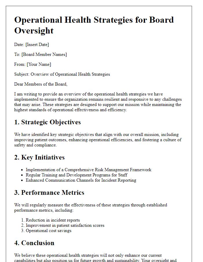 Letter template of operational health strategies for board oversight