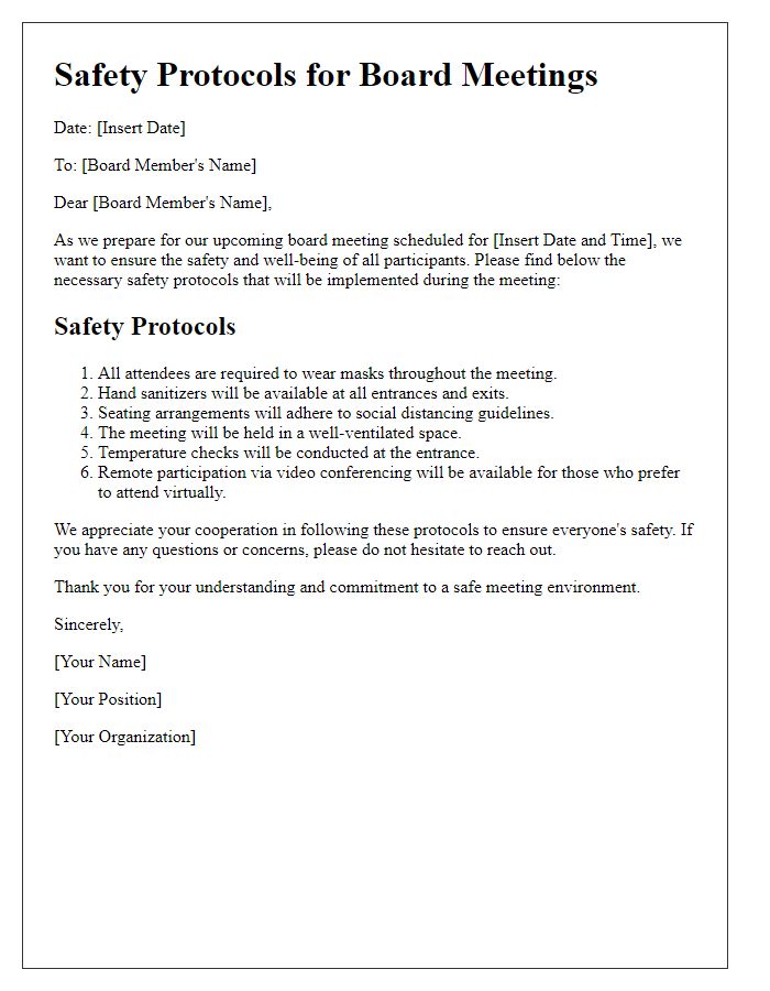 Letter template of safety protocols for board meetings