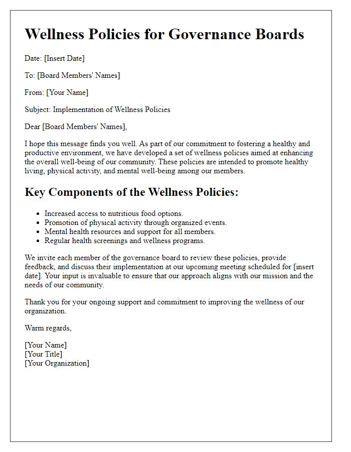 Letter template of wellness policies for governance boards