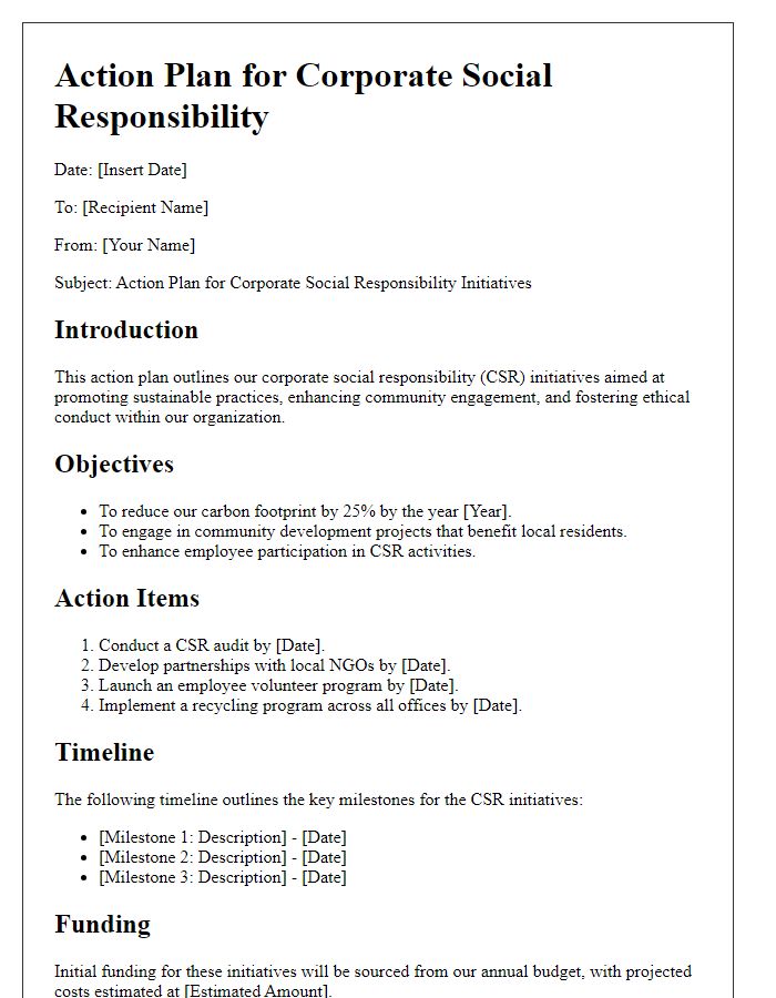 Letter template of action plan for corporate social responsibility