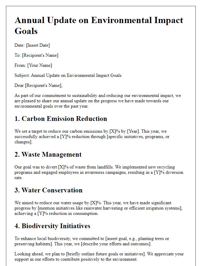 Letter template of annual update on environmental impact goals