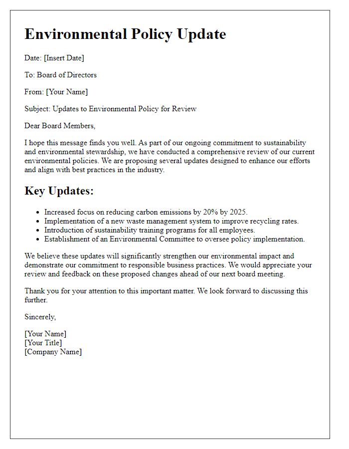 Letter template of environmental policy updates for board review