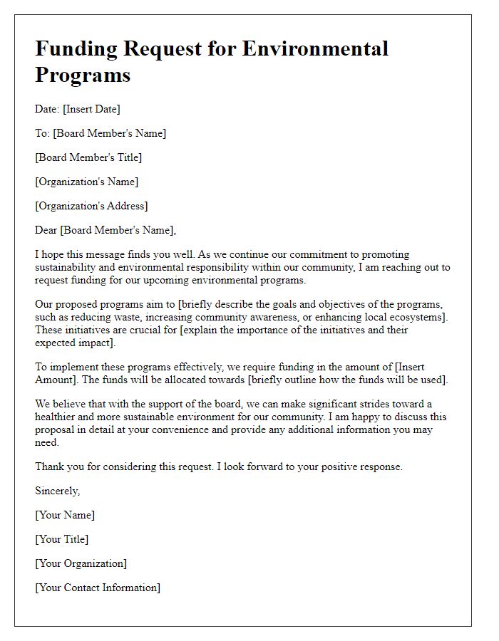 Letter template of funding request for environmental programs to board