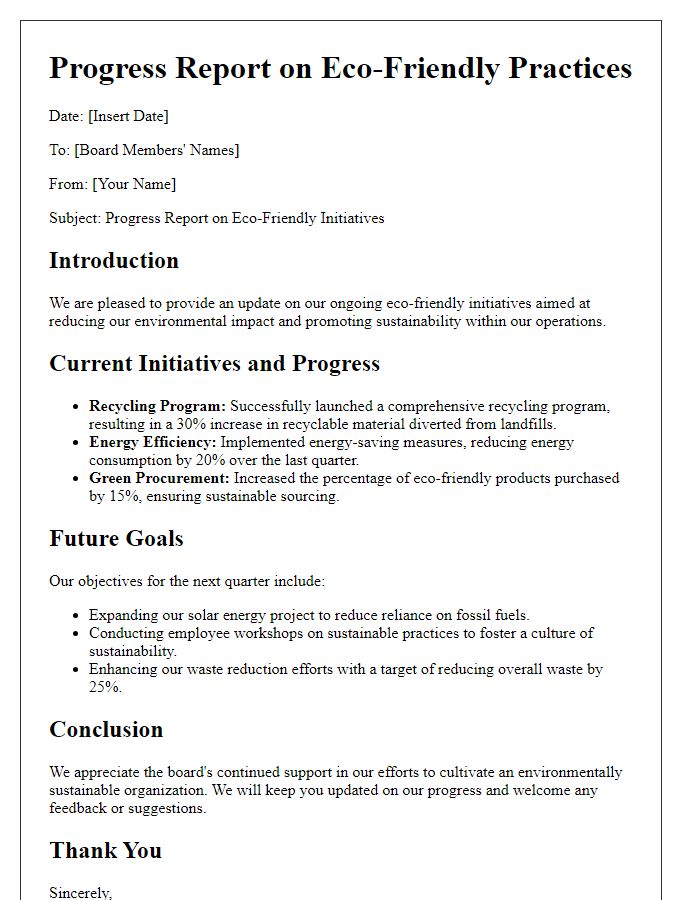 Letter template of progress report on eco-friendly practices for board