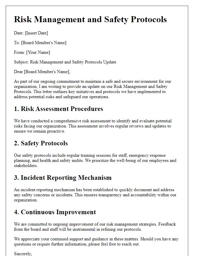 Letter template of Risk Management and Safety Protocols for Board Relations