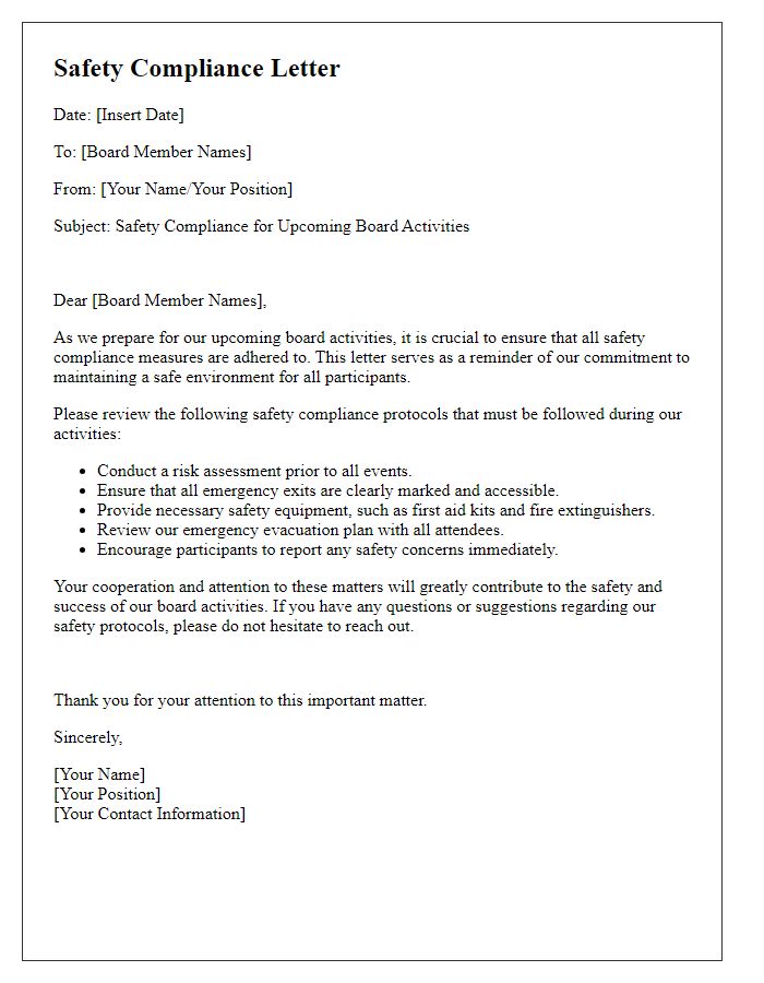 Letter template of Safety Compliance for Board Activities