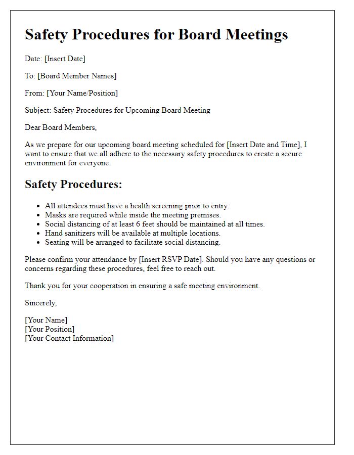 Letter template of Safety Procedures for Board Meetings