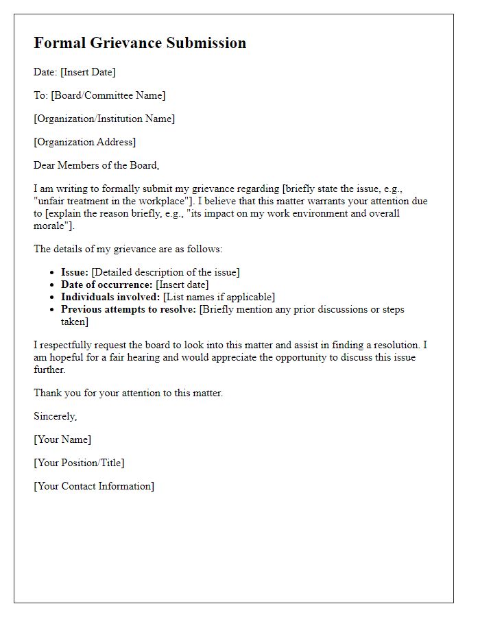 Letter template of formal grievance submission to the board