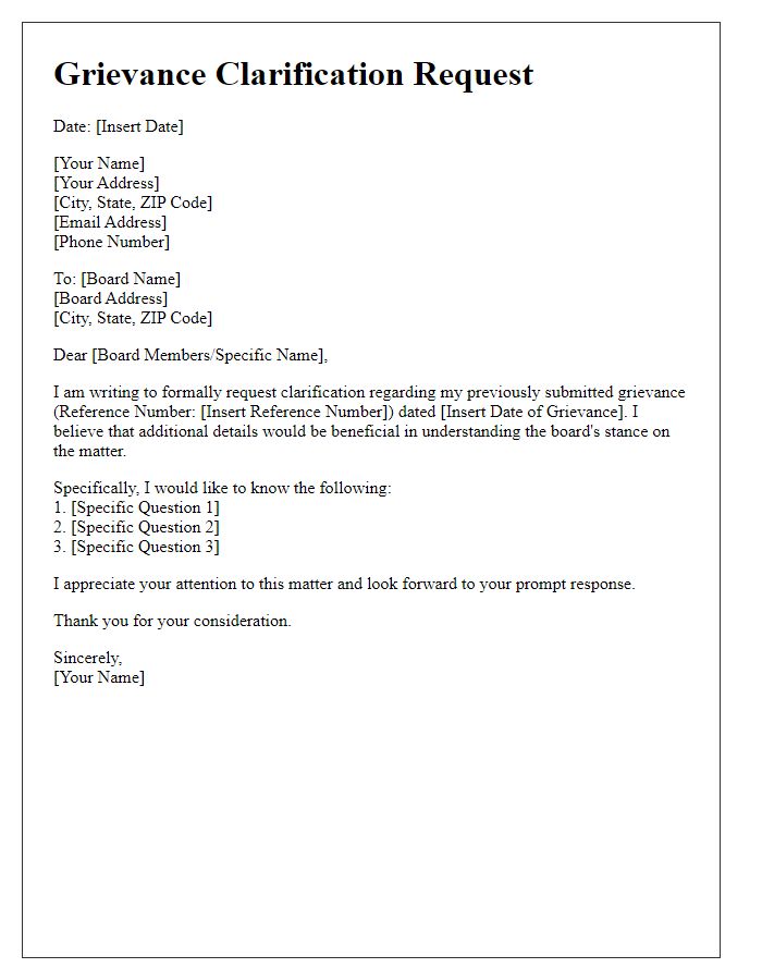 Letter template of grievance clarification request to the board