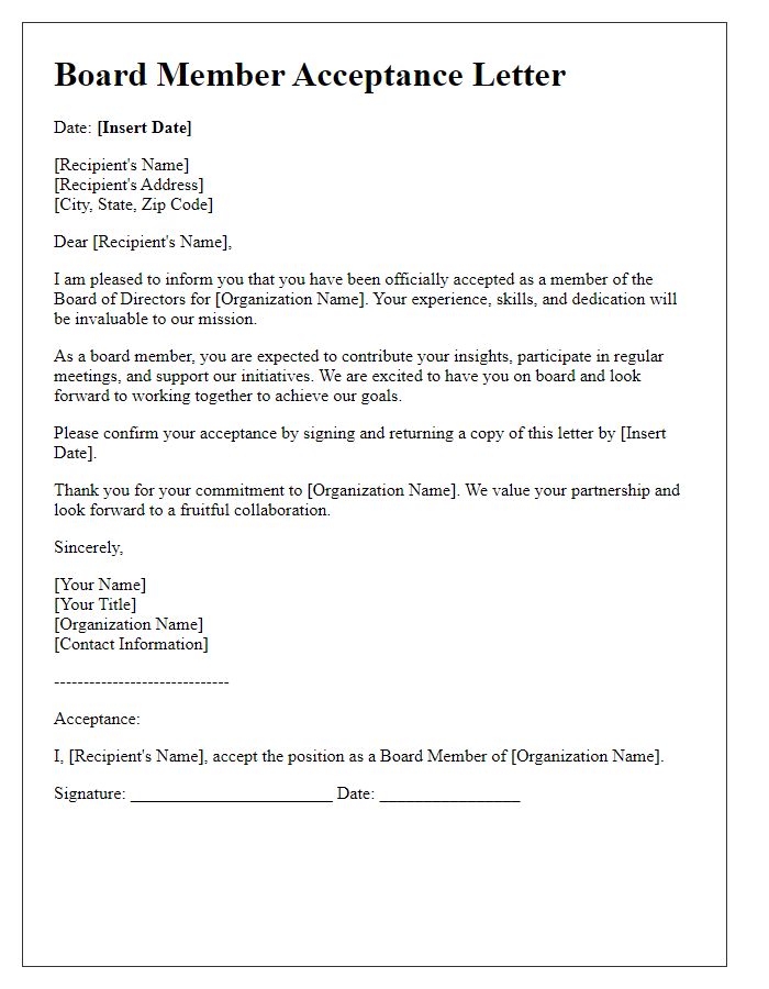 Letter template of Board Member Acceptance