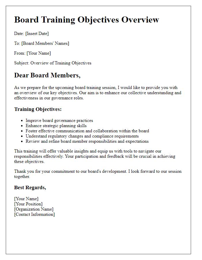 Letter template of board training objectives overview