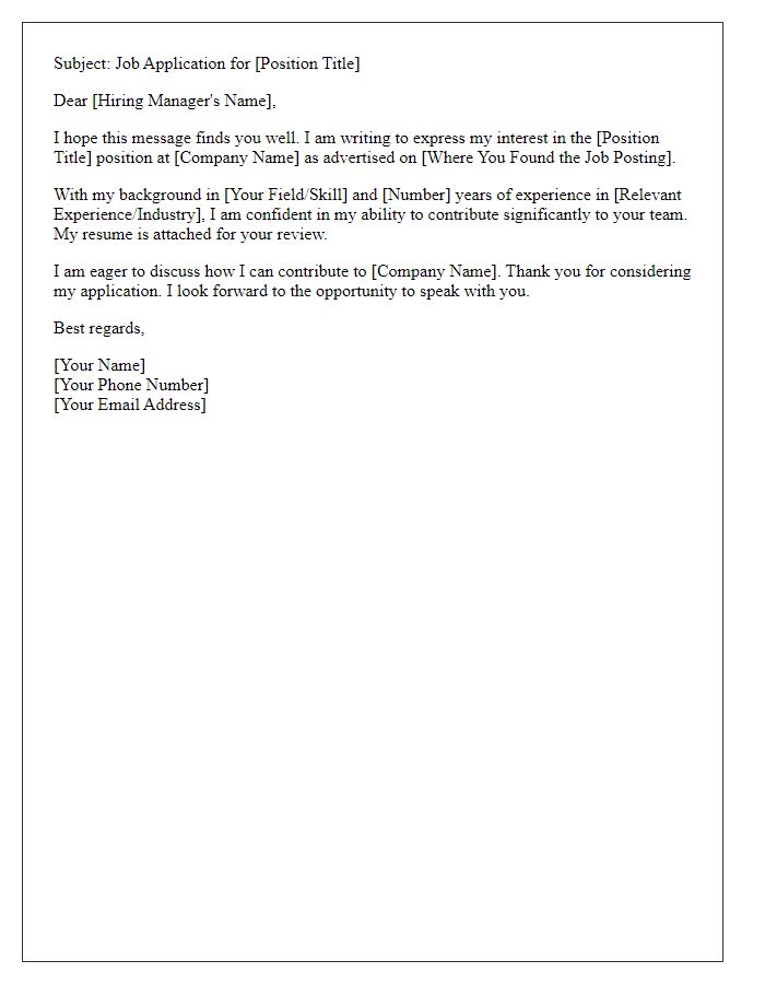 Letter template of concise job application email