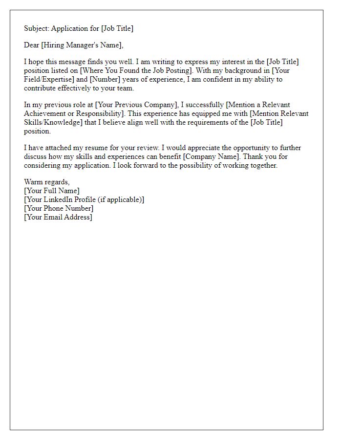 Letter template of professional job application email