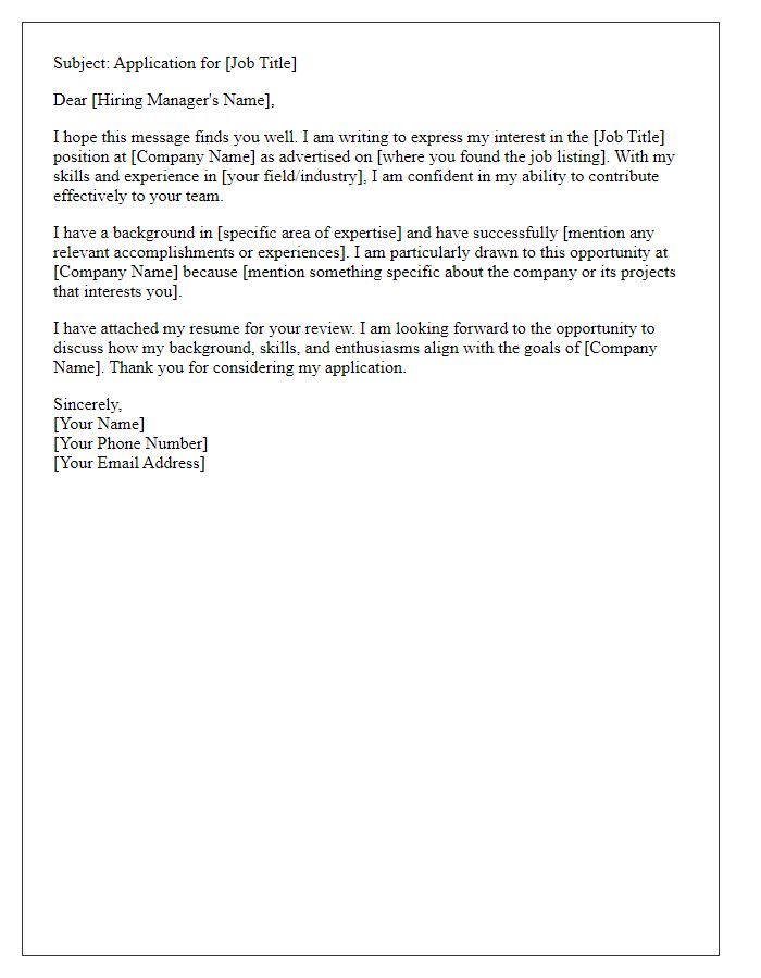 Letter template of targeted job application email