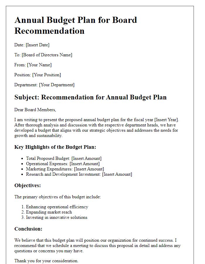 Letter template of annual budget plan for board recommendation