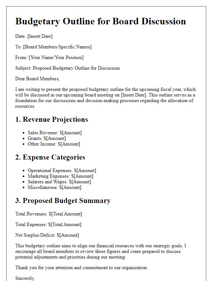 Letter template of budgetary outline for board discussion