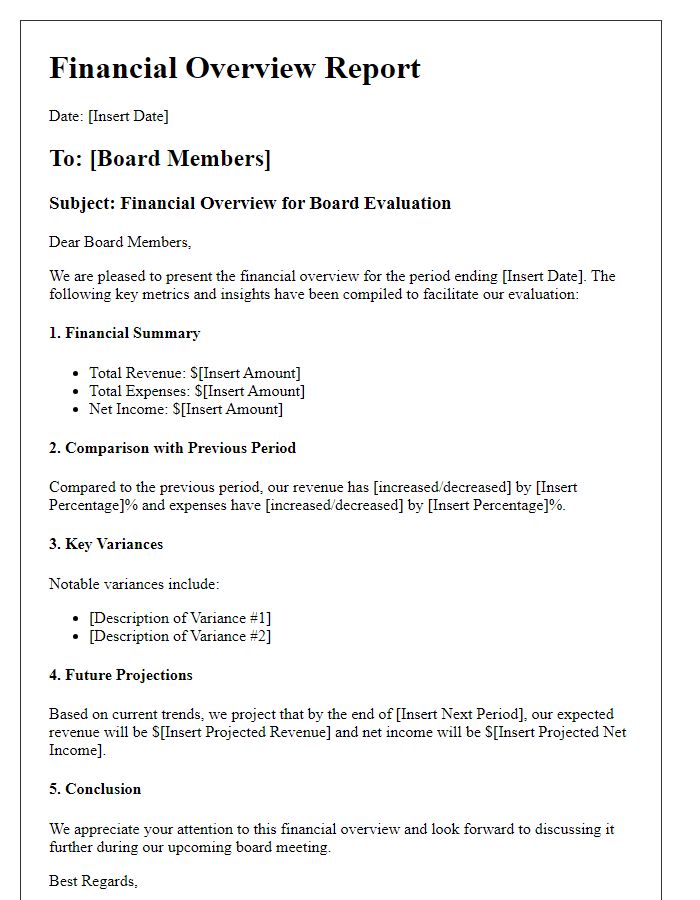 Letter template of financial overview for board evaluation