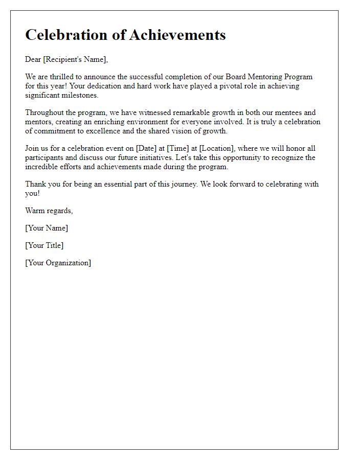 Letter template of celebration for board mentoring program achievements