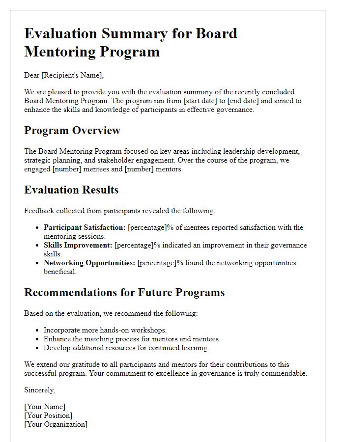 Letter template of evaluation summary for board mentoring program