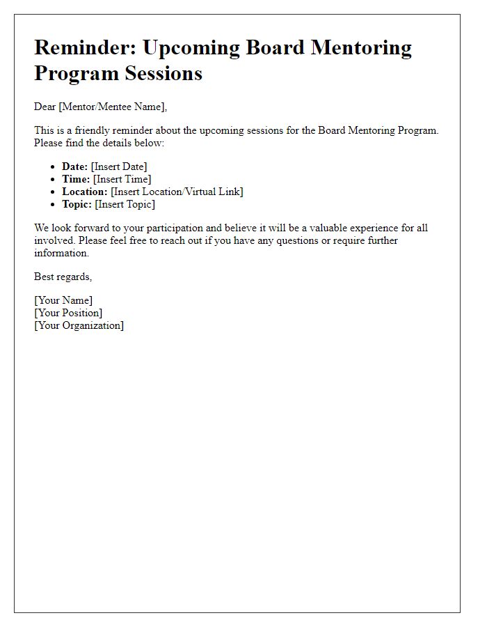 Letter template of reminder for upcoming board mentoring program sessions