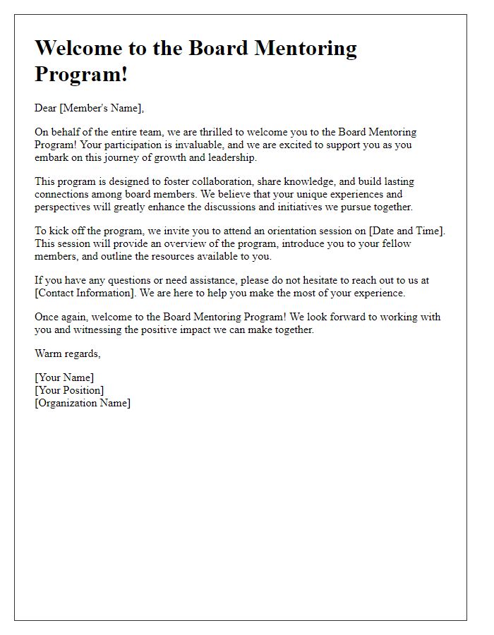 Letter template of welcome to new board mentoring program members