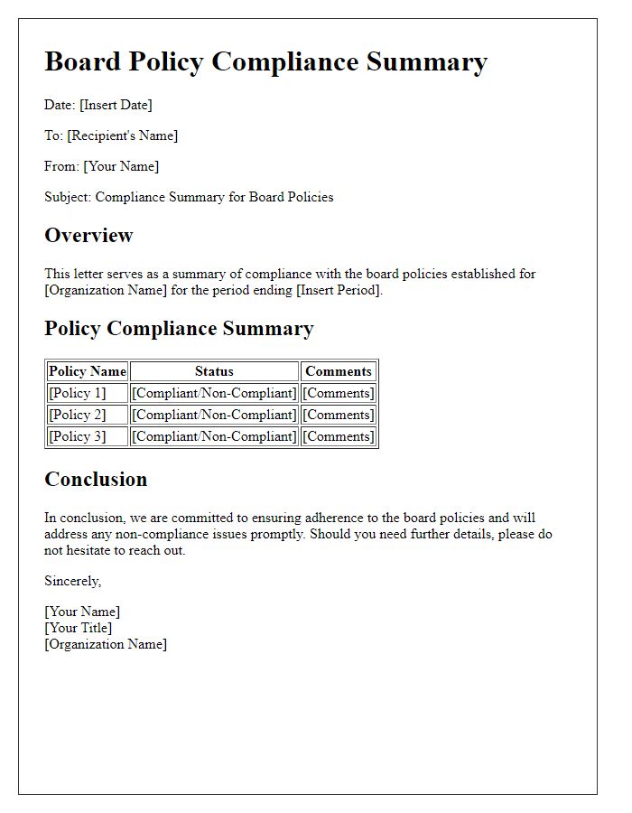 Letter template of board policy compliance summary