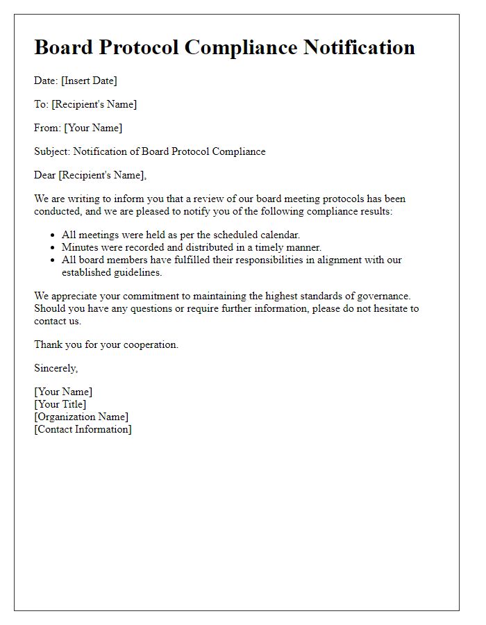 Letter template of board protocol compliance notification