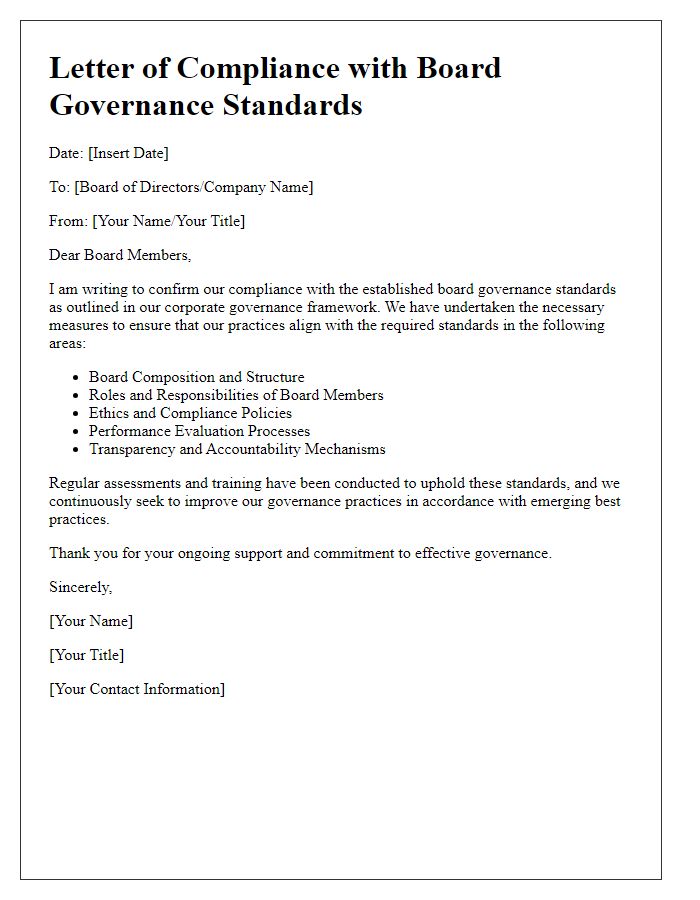 Letter template of compliance with board governance standards