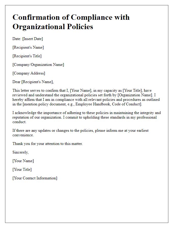 Letter template of confirmation of compliance with organizational policies