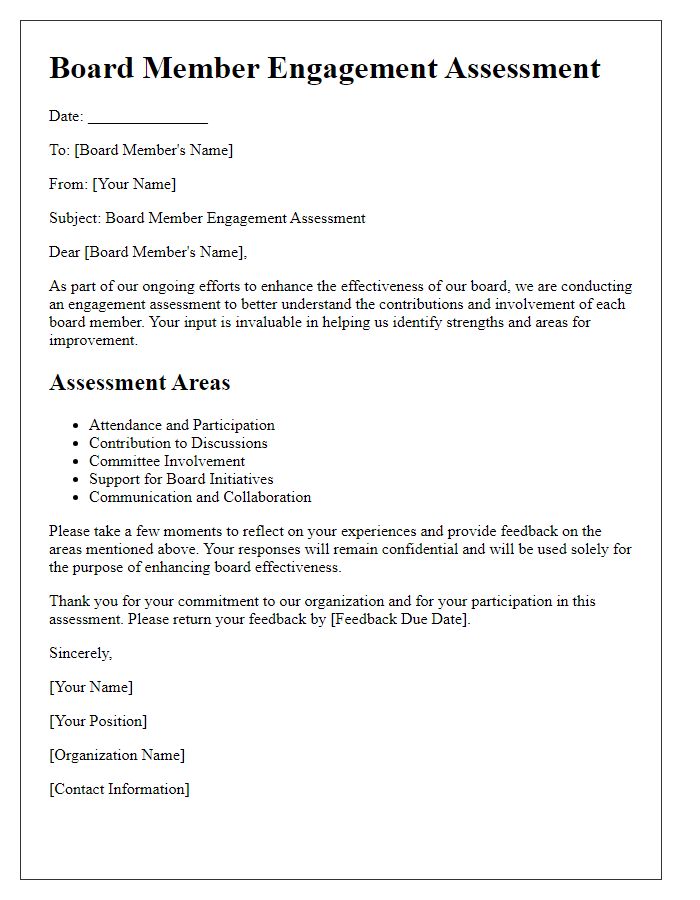 Letter template of board member engagement assessment