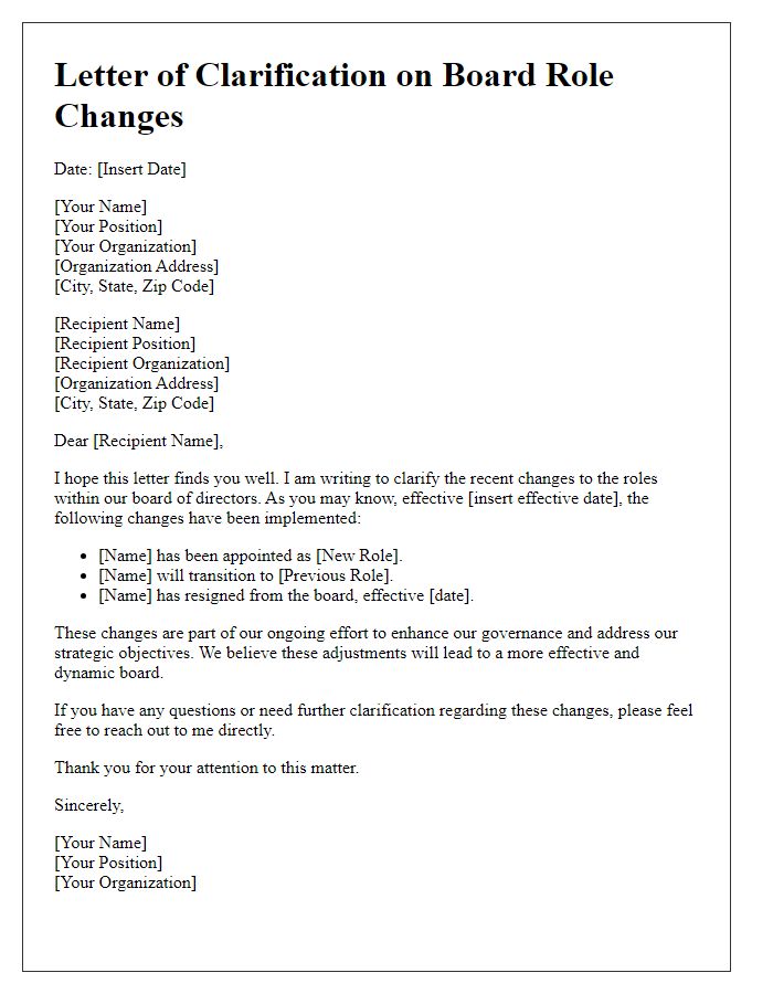 Letter template of clarification on board role changes.