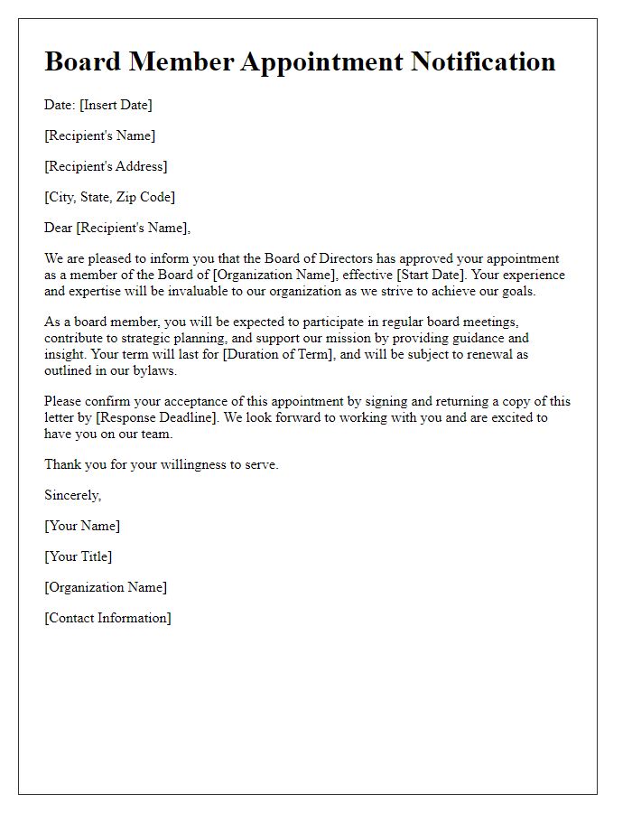 Letter template of communication for board member appointments.