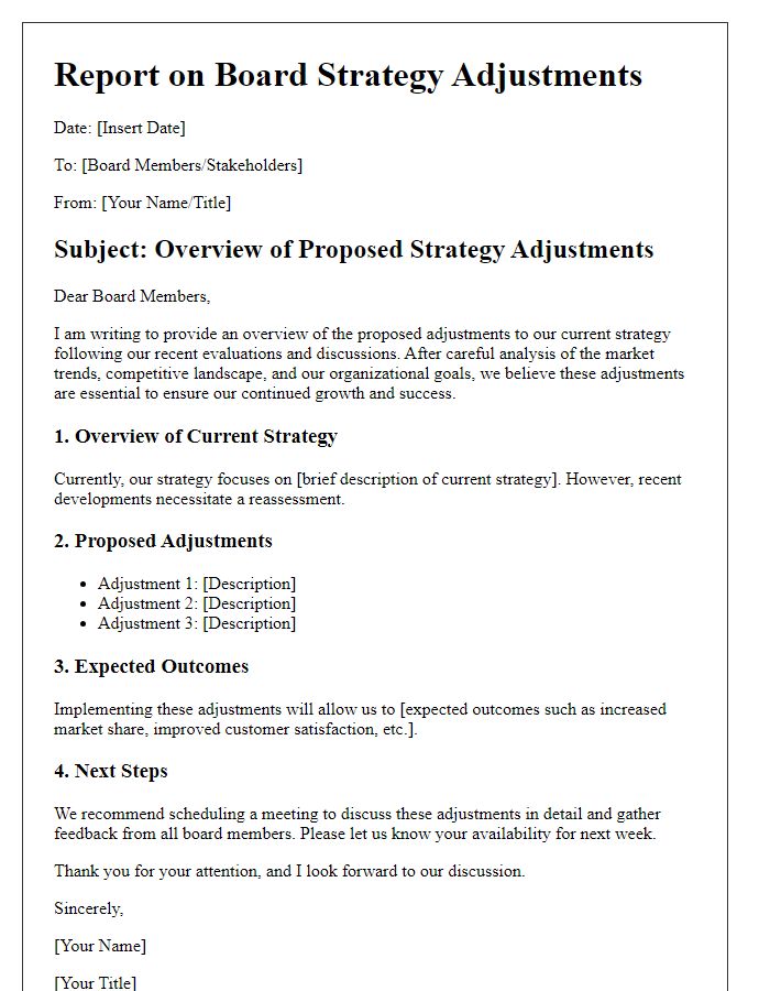 Letter template of report on board strategy adjustments.