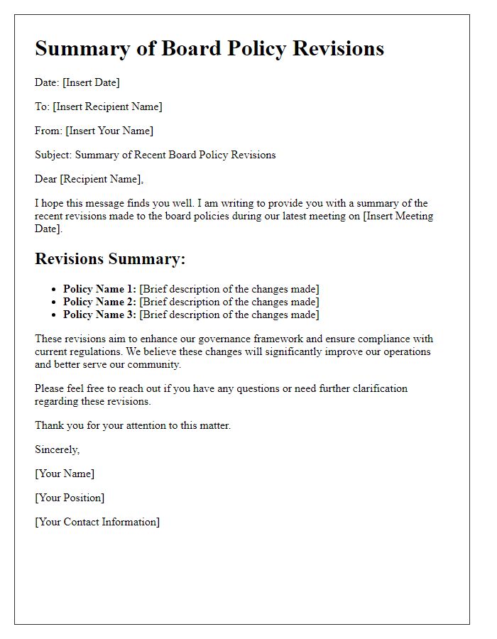 Letter template of summary on board policy revisions.