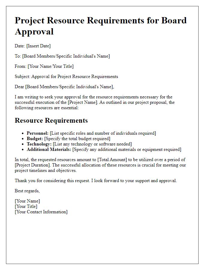 Letter template of project resource requirements for board approval