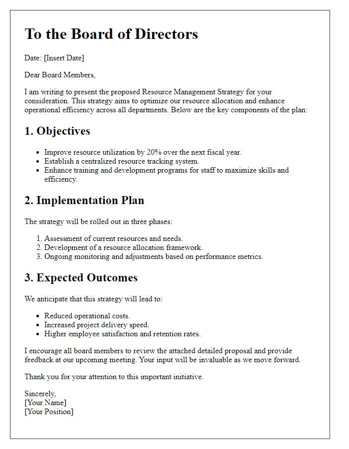 Letter template of resource management strategy for board consideration