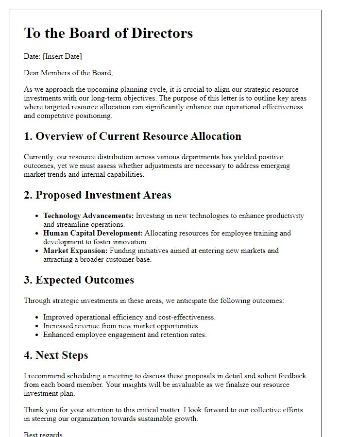 Letter template of strategic resource investment for board planning