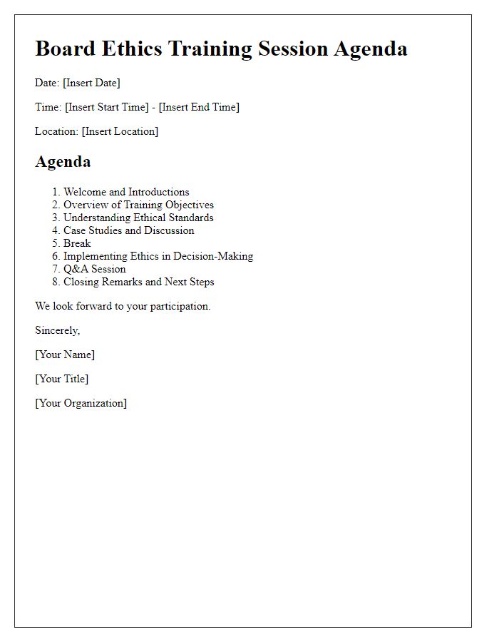 Letter template of agenda for upcoming board ethics training session