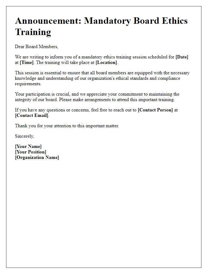 Letter template of announcement for mandatory board ethics training