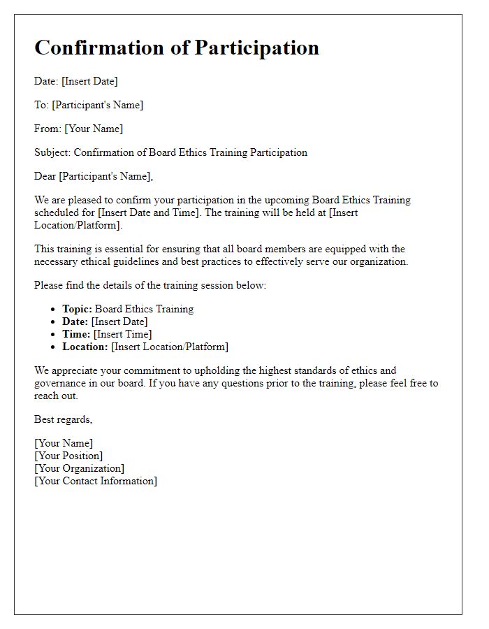 Letter template of confirmation for board ethics training participation