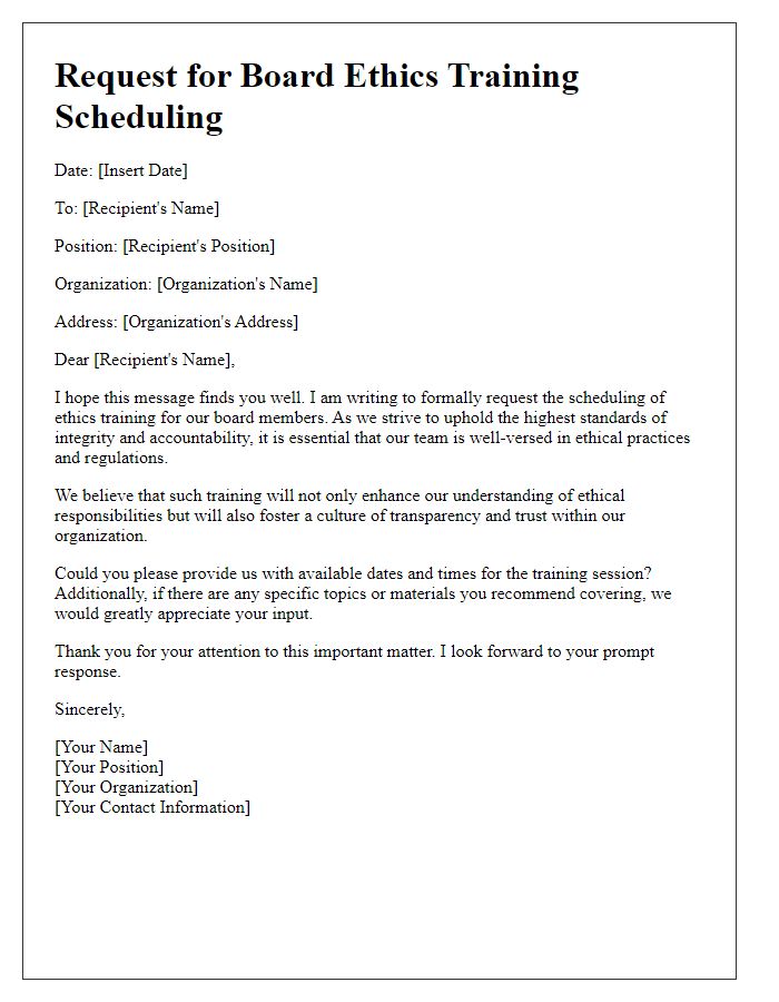 Letter template of request for board ethics training scheduling