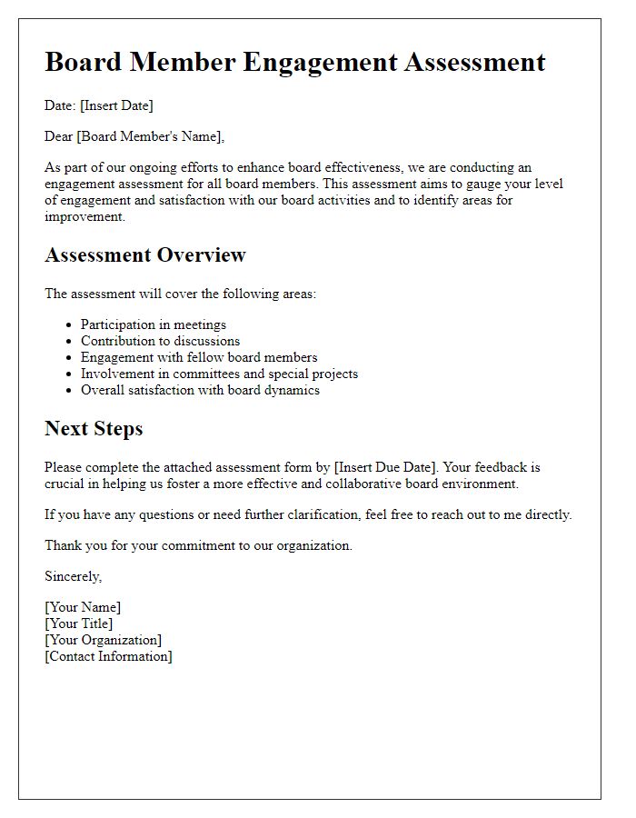 Letter template of board member engagement assessment