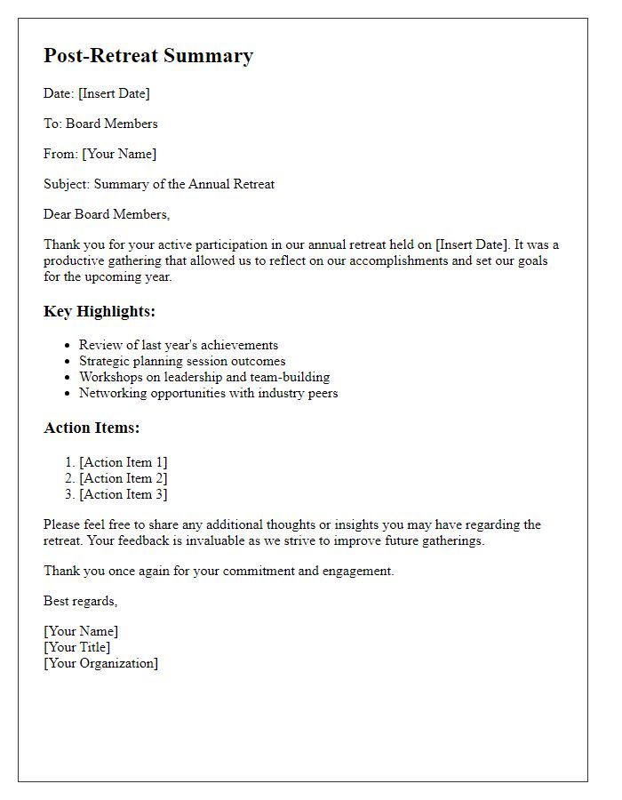 Letter template of post-retreat summary for board annual retreat