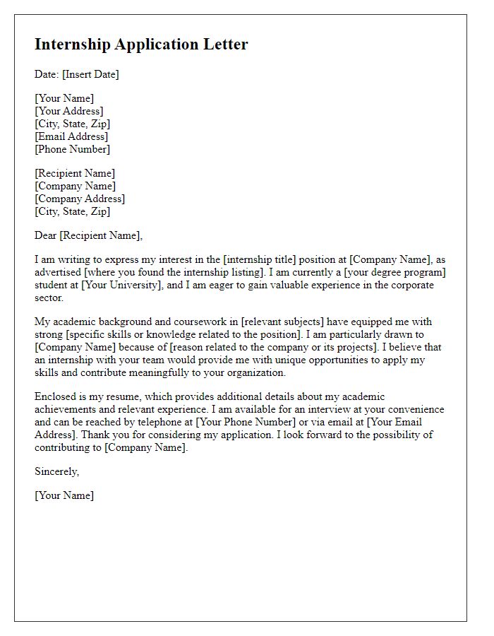 Letter template of internship application for corporate sectors.